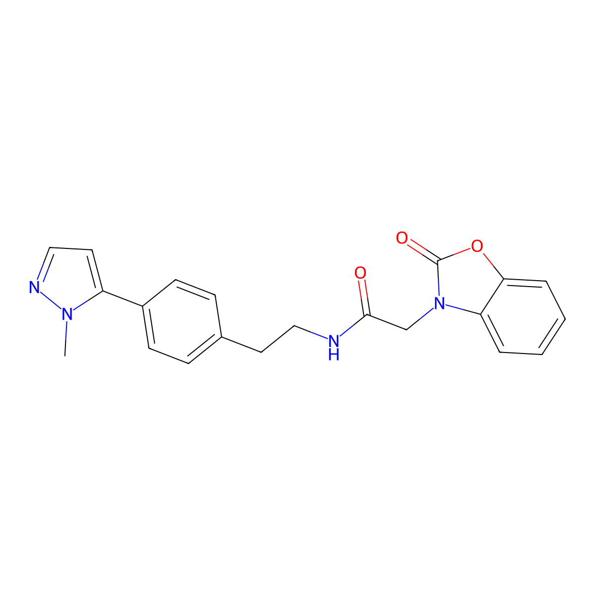 N-{2-[4-(1-methyl-1H-pyrazol-5-yl)phenyl]ethyl}-2-(2-oxo-2,3-dihydro-1,3-benzoxazol-3-yl)acetamide molecular structure, CAS 2742067-49-6