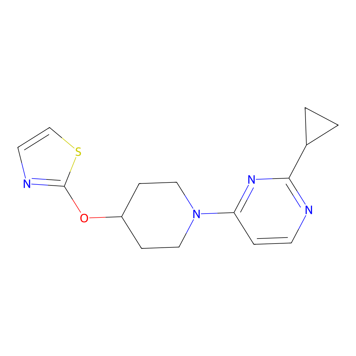 2-Cyclopropyl-4-[4-(1,3-thiazol-2-yloxy)piperidin-1-yl]pyrimidine molecular structure, CAS 2742067-50-9