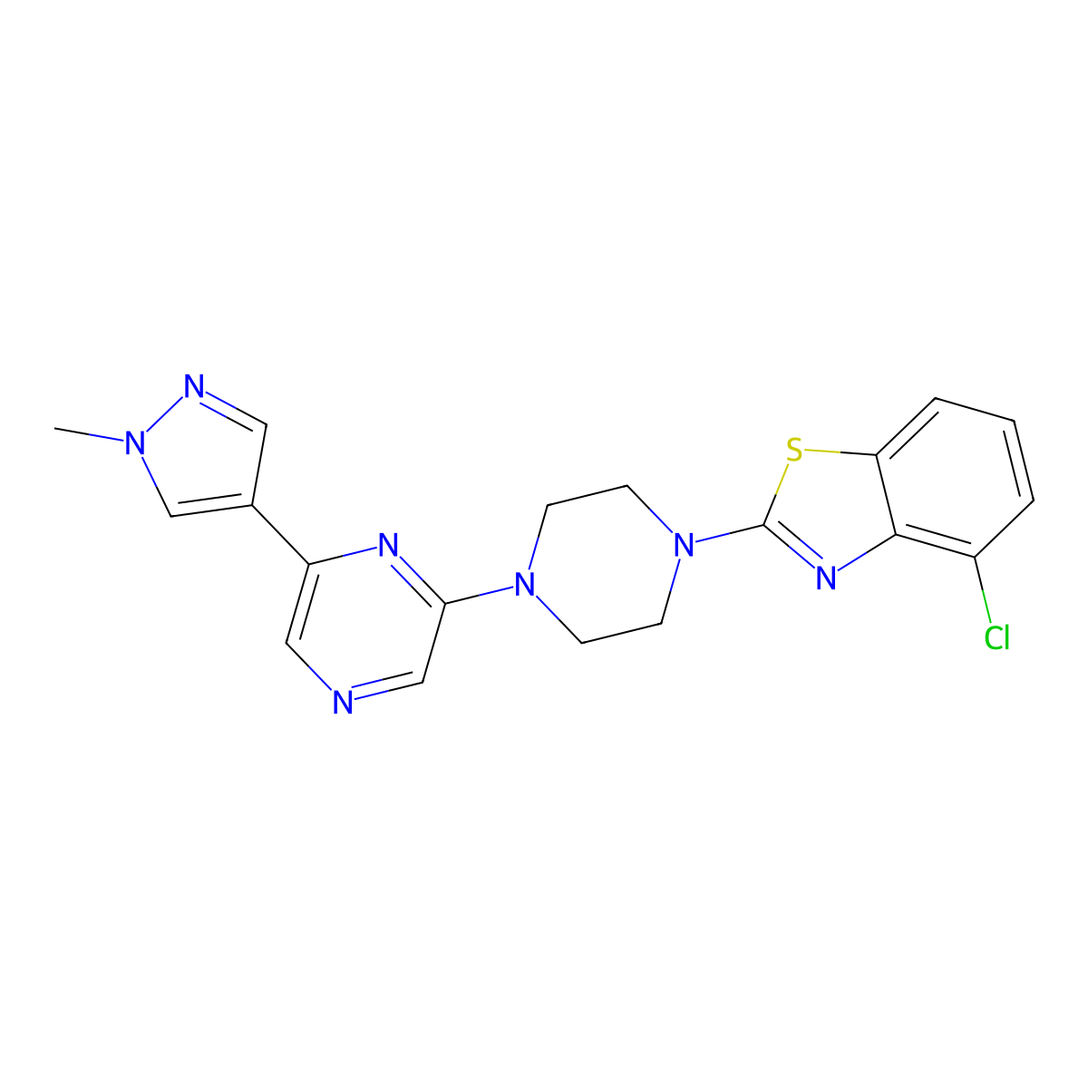 4-chloro-2-{4-[6-(1-methyl-1H-pyrazol-4-yl)pyrazin-2-yl]piperazin-1-yl}-1,3-benzothiazole molecular structure, CAS 2742067-52-1