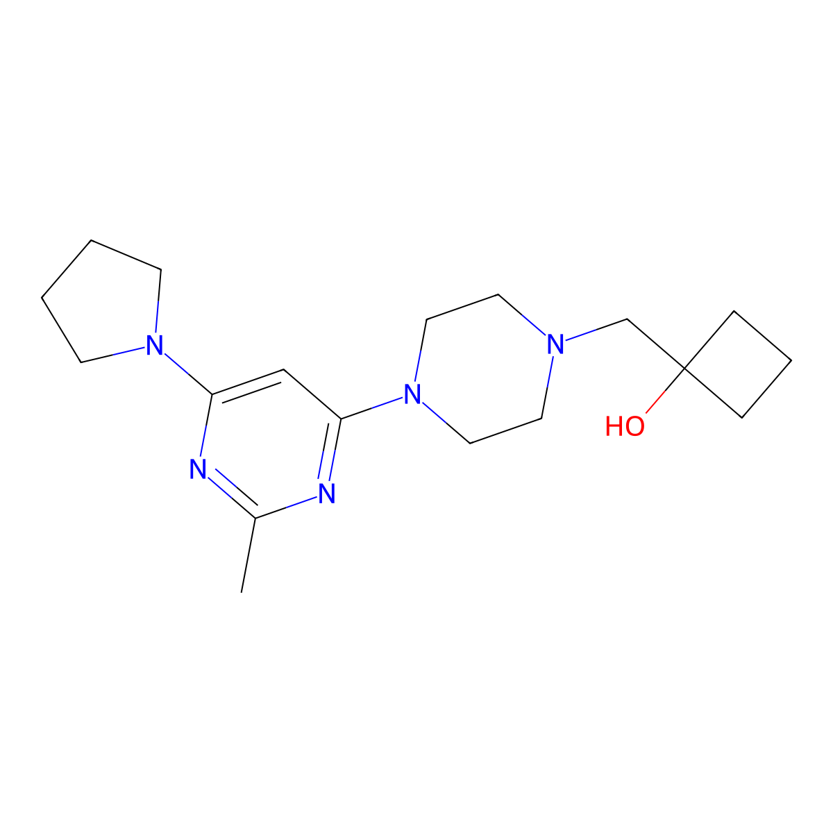 1-({4-[2-Methyl-6-(pyrrolidin-1-yl)pyrimidin-4-yl]piperazin-1-yl}methyl)cyclobutan-1-ol molecular structure, CAS 2742067-55-4