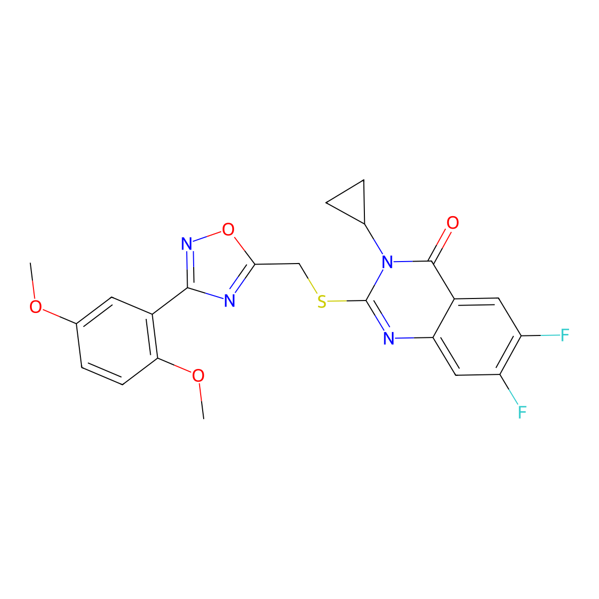 3-Cyclopropyl-2-({[3-(2,5-dimethoxyphenyl)-1,2,4-oxadiazol-5-yl]methyl}sulfanyl)-6,7-difluoro-3,4-dihydroquinazolin-4-one molecular structure, CAS 2742067-56-5