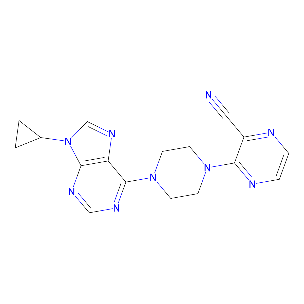 3-[4-(9-cyclopropyl-9H-purin-6-yl)piperazin-1-yl]pyrazine-2-carbonitrile molecular structure, CAS 2742067-61-2