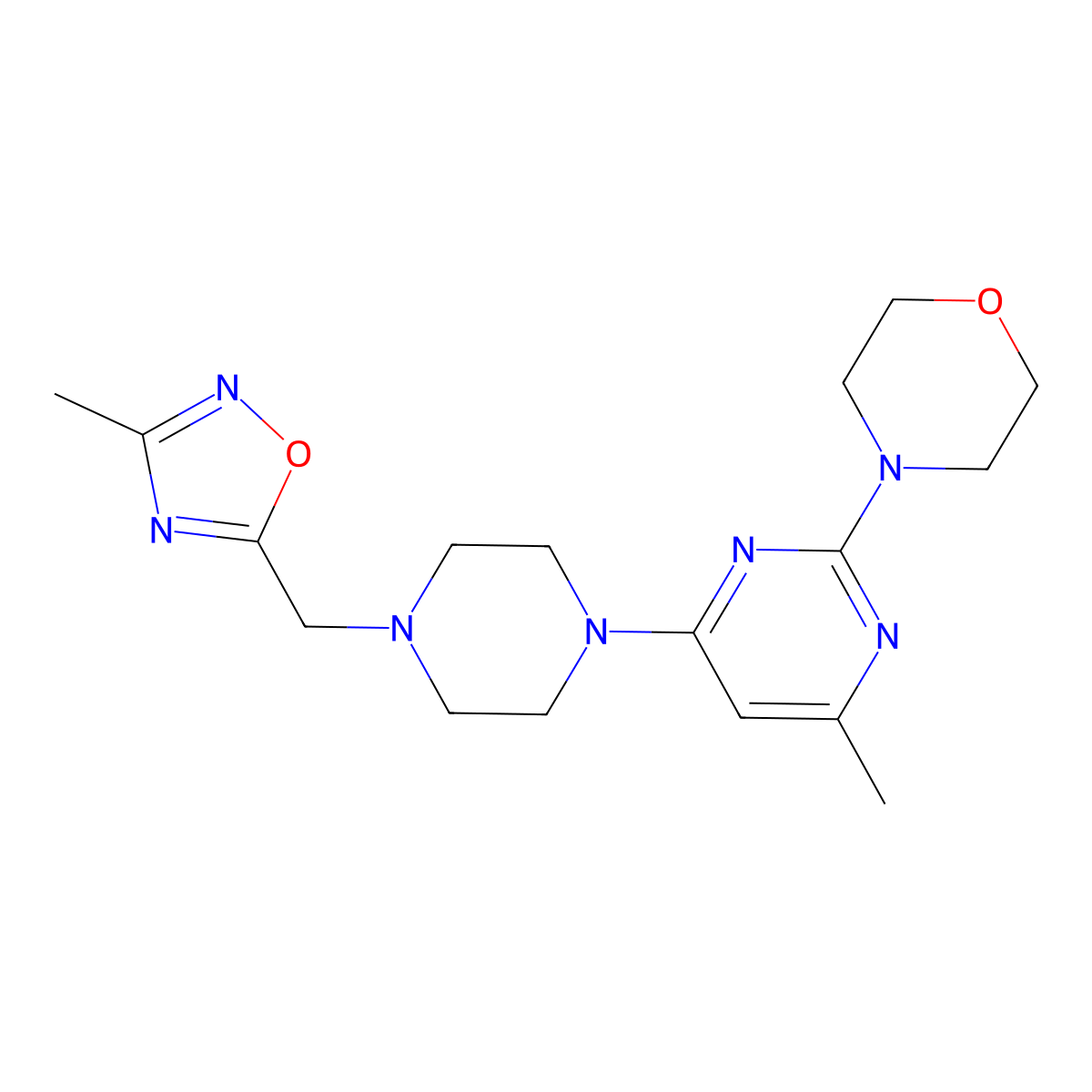 4-(4-Methyl-6-{4-[(3-methyl-1,2,4-oxadiazol-5-yl)methyl]piperazin-1-yl}pyrimidin-2-yl)morpholine molecular structure, CAS 2742067-66-7