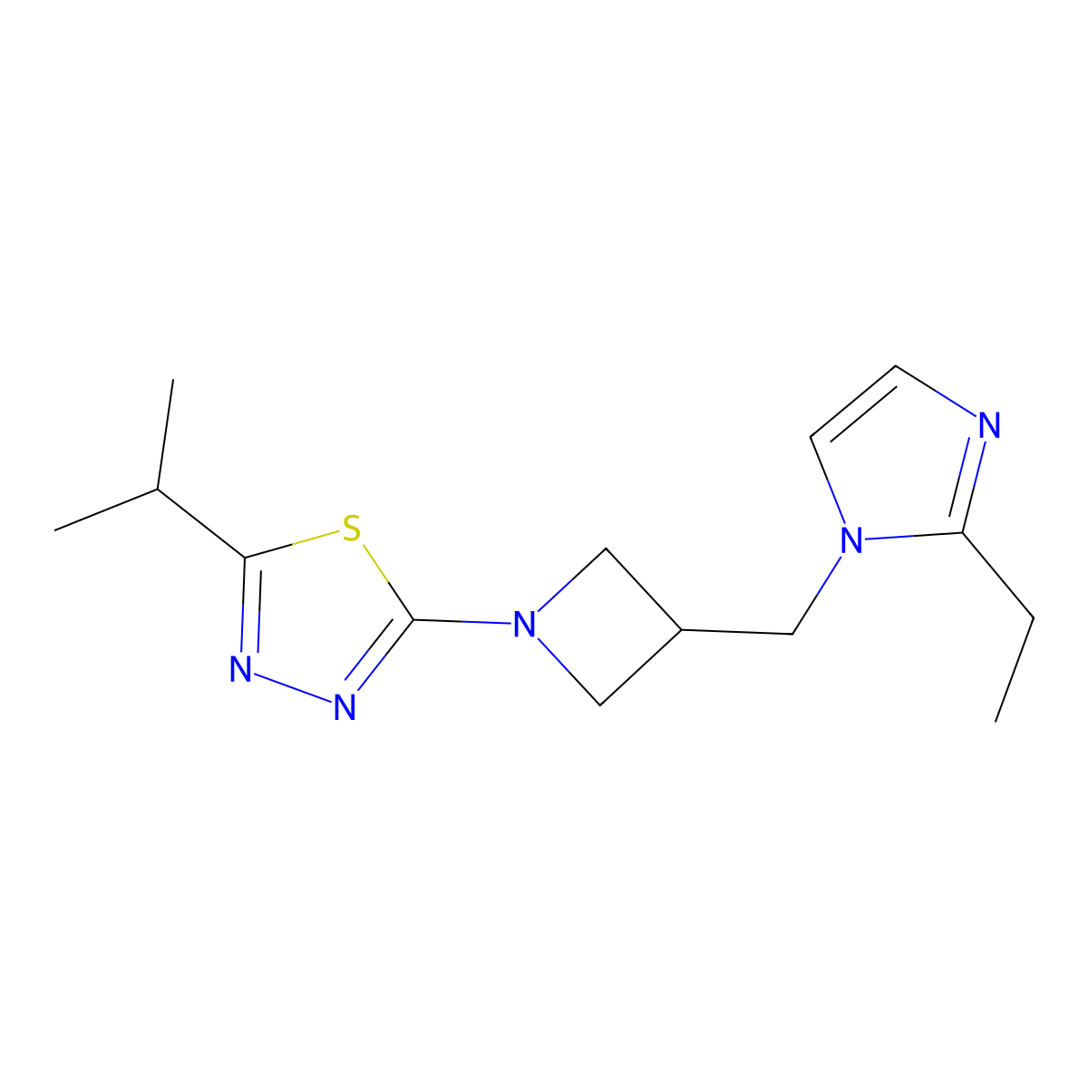 2-{3-[(2-ethyl-1H-imidazol-1-yl)methyl]azetidin-1-yl}-5-(propan-2-yl)-1,3,4-thiadiazole molecular structure, CAS 2742067-71-4