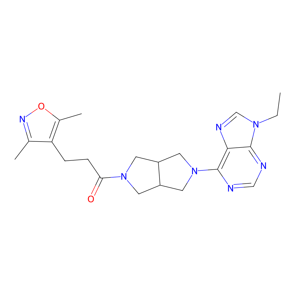 3-(3,5-dimethyl-1,2-oxazol-4-yl)-1-[5-(9-ethyl-9H-purin-6-yl)-octahydropyrrolo[3,4-c]pyrrol-2-yl]propan-1-one molecular structure, CAS 2742067-76-9