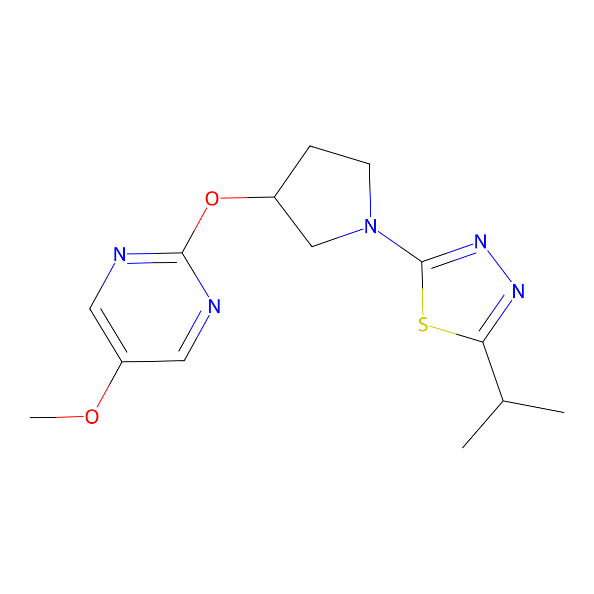 5-Methoxy-2-({1-[5-(propan-2-yl)-1,3,4-thiadiazol-2-yl]pyrrolidin-3-yl}oxy)pyrimidine molecular structure, CAS 2742067-77-0