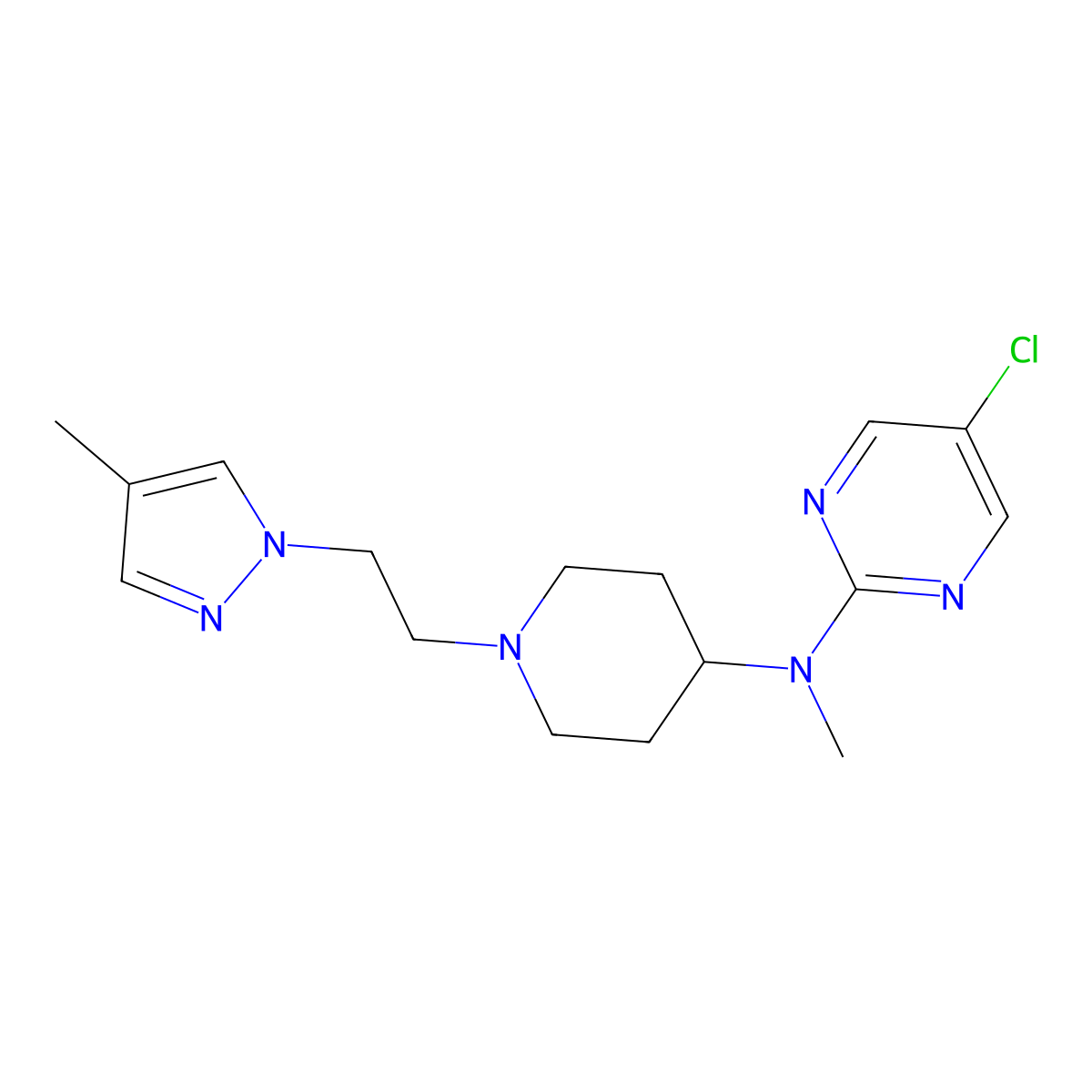 5-chloro-N-methyl-N-{1-[2-(4-methyl-1H-pyrazol-1-yl)ethyl]piperidin-4-yl}pyrimidin-2-amine molecular structure, CAS 2742067-79-2
