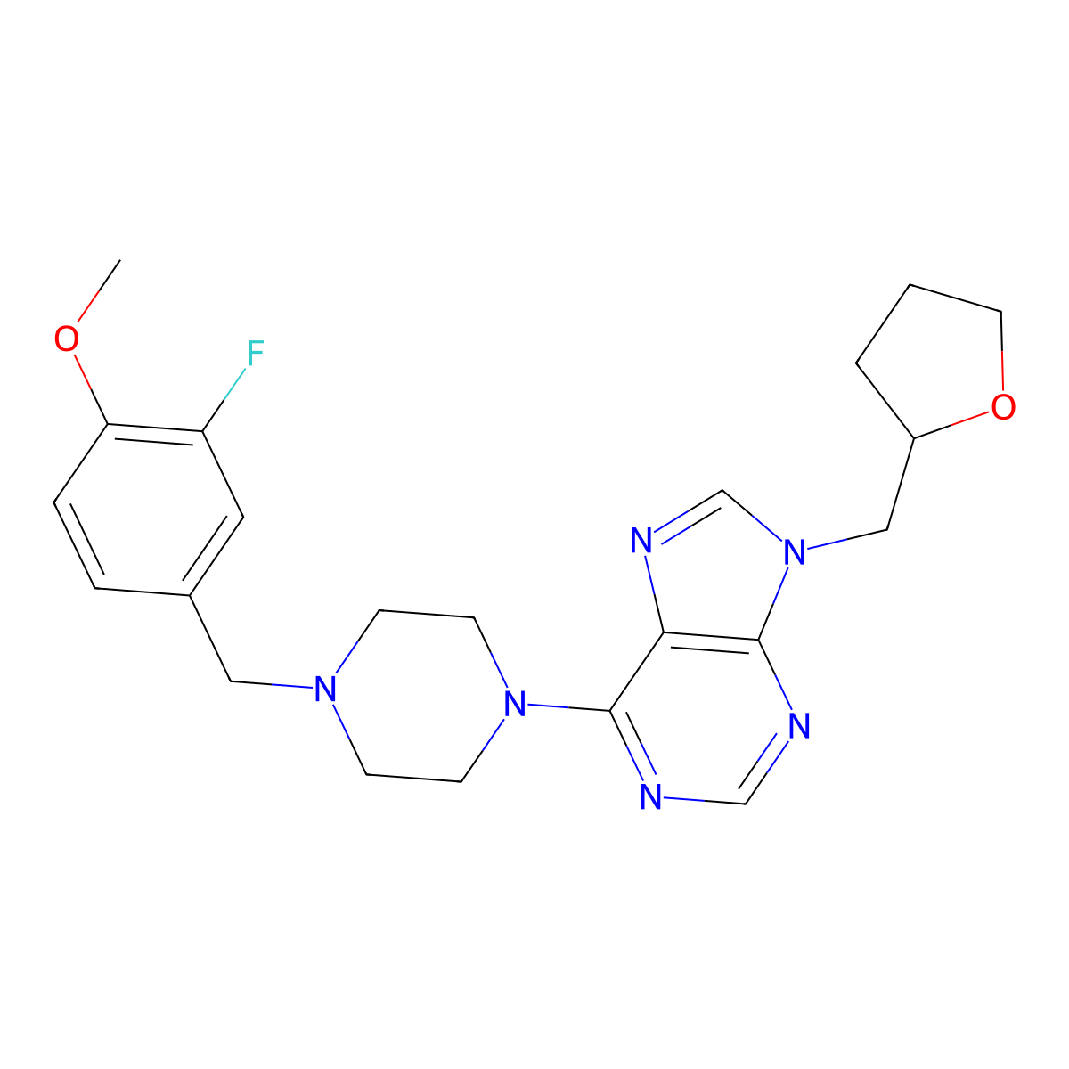6-{4-[(3-fluoro-4-methoxyphenyl)methyl]piperazin-1-yl}-9-[(oxolan-2-yl)methyl]-9H-purine molecular structure, CAS 2742067-80-5