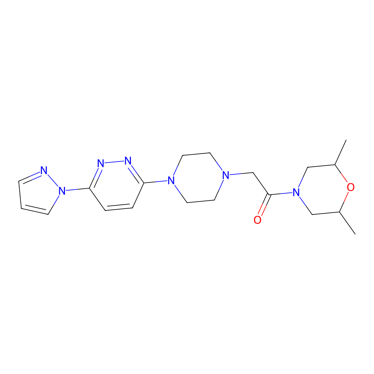 1-(2,6-dimethylmorpholin-4-yl)-2-{4-[6-(1H-pyrazol-1-yl)pyridazin-3-yl]piperazin-1-yl}ethan-1-one molecular structure, CAS 2742067-84-9
