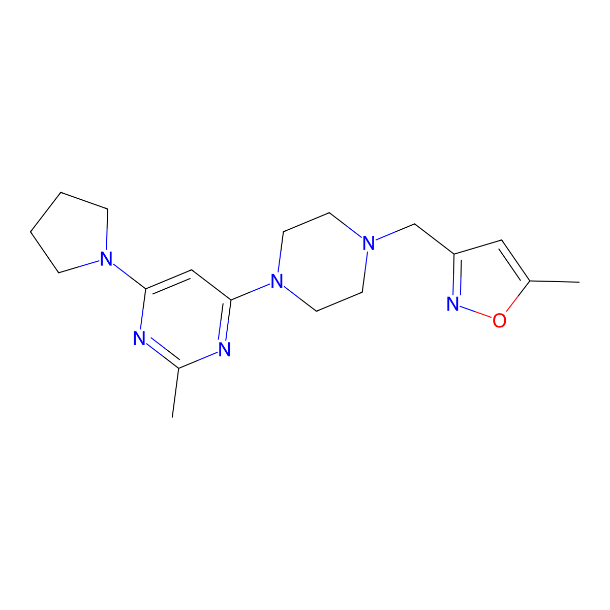 2-Methyl-4-{4-[(5-methyl-1,2-oxazol-3-yl)methyl]piperazin-1-yl}-6-(pyrrolidin-1-yl)pyrimidine molecular structure, CAS 2742067-88-3
