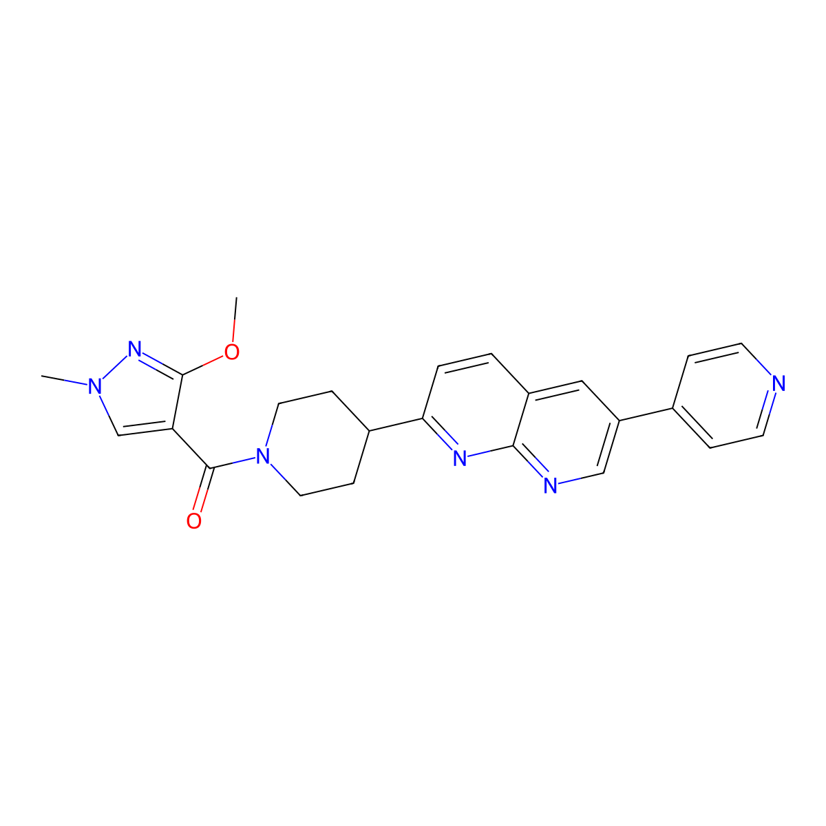 2-[1-(3-methoxy-1-methyl-1H-pyrazole-4-carbonyl)piperidin-4-yl]-6-(pyridin-4-yl)-1,8-naphthyridine molecular structure, CAS 2742067-92-9