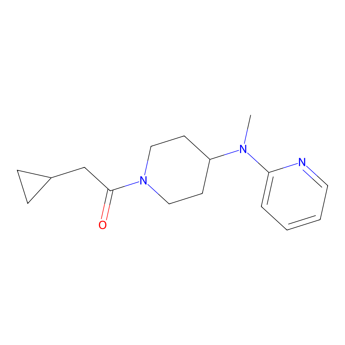 2-Cyclopropyl-1-{4-[methyl(pyridin-2-yl)amino]piperidin-1-yl}ethan-1-one molecular structure, CAS 2742068-04-6
