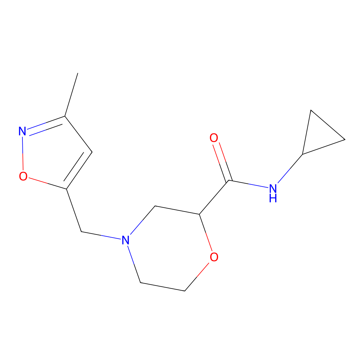 N-cyclopropyl-4-[(3-methyl-1,2-oxazol-5-yl)methyl]morpholine-2-carboxamide molecular structure, CAS 2742068-06-8
