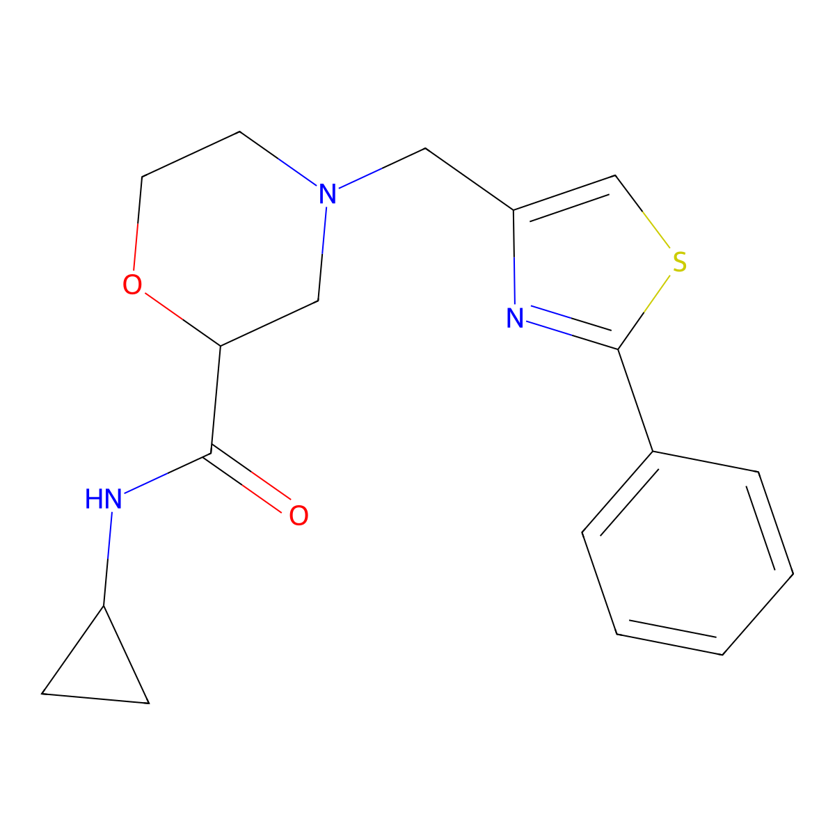 N-cyclopropyl-4-[(2-phenyl-1,3-thiazol-4-yl)methyl]morpholine-2-carboxamide molecular structure, CAS 2742068-11-5