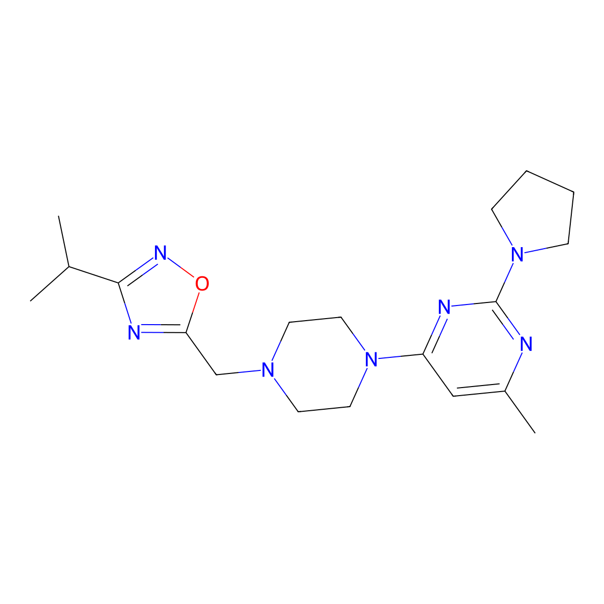 4-Methyl-6-(4-{[3-(propan-2-yl)-1,2,4-oxadiazol-5-yl]methyl}piperazin-1-yl)-2-(pyrrolidin-1-yl)pyrimidine molecular structure, CAS 2742068-12-6