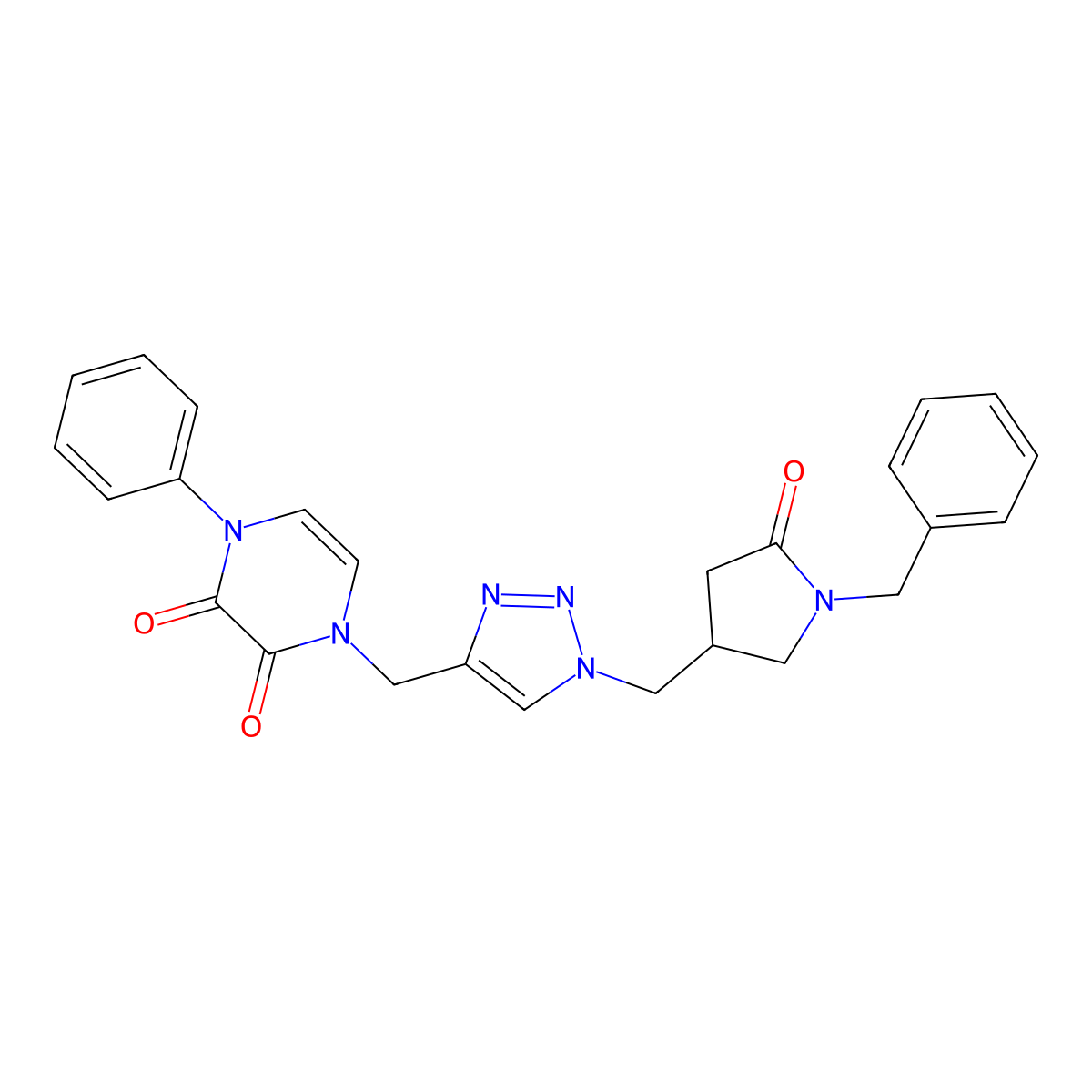 1-({1-[(1-benzyl-5-oxopyrrolidin-3-yl)methyl]-1H-1,2,3-triazol-4-yl}methyl)-4-phenyl-1,2,3,4-tetrahydropyrazine-2,3-dione molecular structure, CAS 2742068-18-2