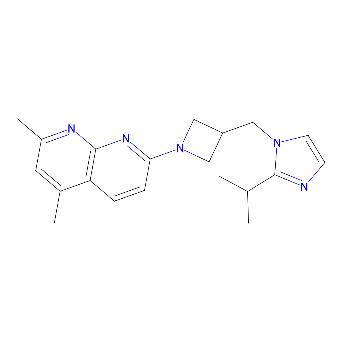2,4-dimethyl-7-(3-{[2-(propan-2-yl)-1H-imidazol-1-yl]methyl}azetidin-1-yl)-1,8-naphthyridine molecular structure, CAS 2742068-20-6