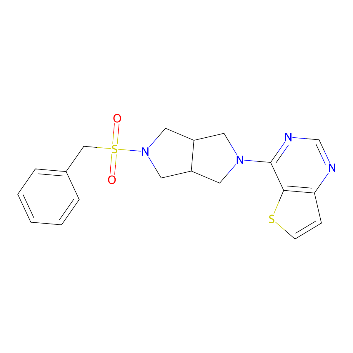 2-Phenylmethanesulfonyl-5-{thieno[3,2-d]pyrimidin-4-yl}-octahydropyrrolo[3,4-c]pyrrole molecular structure, CAS 2742068-27-3