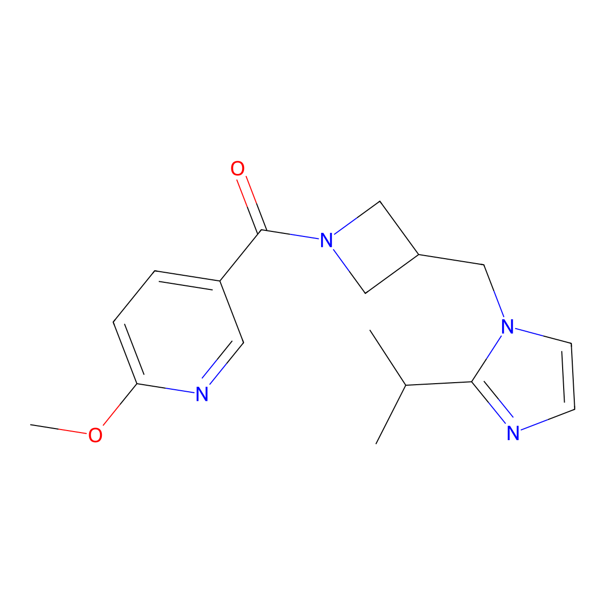 2-methoxy-5-(3-{[2-(propan-2-yl)-1H-imidazol-1-yl]methyl}azetidine-1-carbonyl)pyridine molecular structure, CAS 2742068-28-4