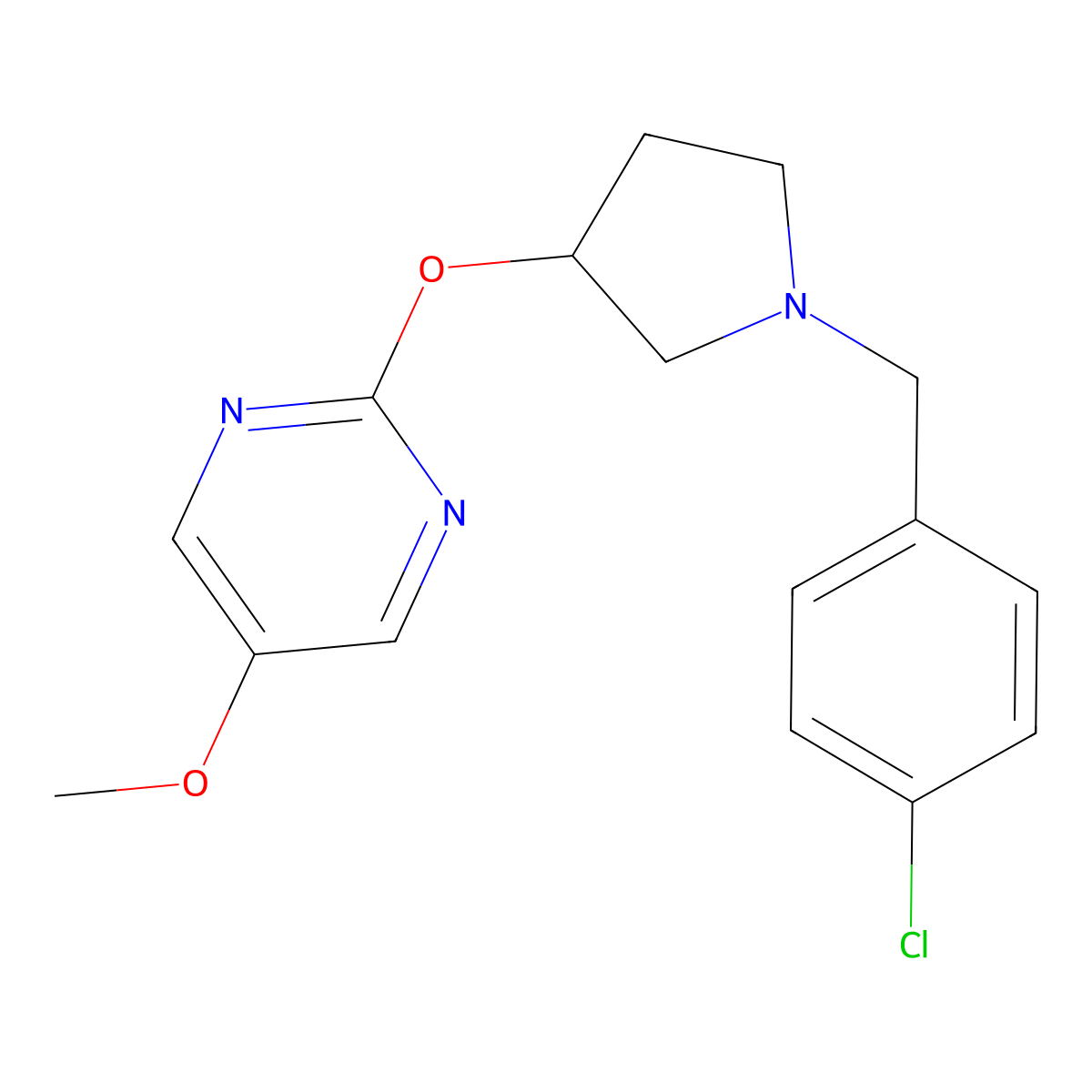 2-({1-[(4-Chlorophenyl)methyl]pyrrolidin-3-yl}oxy)-5-methoxypyrimidine molecular structure, CAS 2742068-37-5