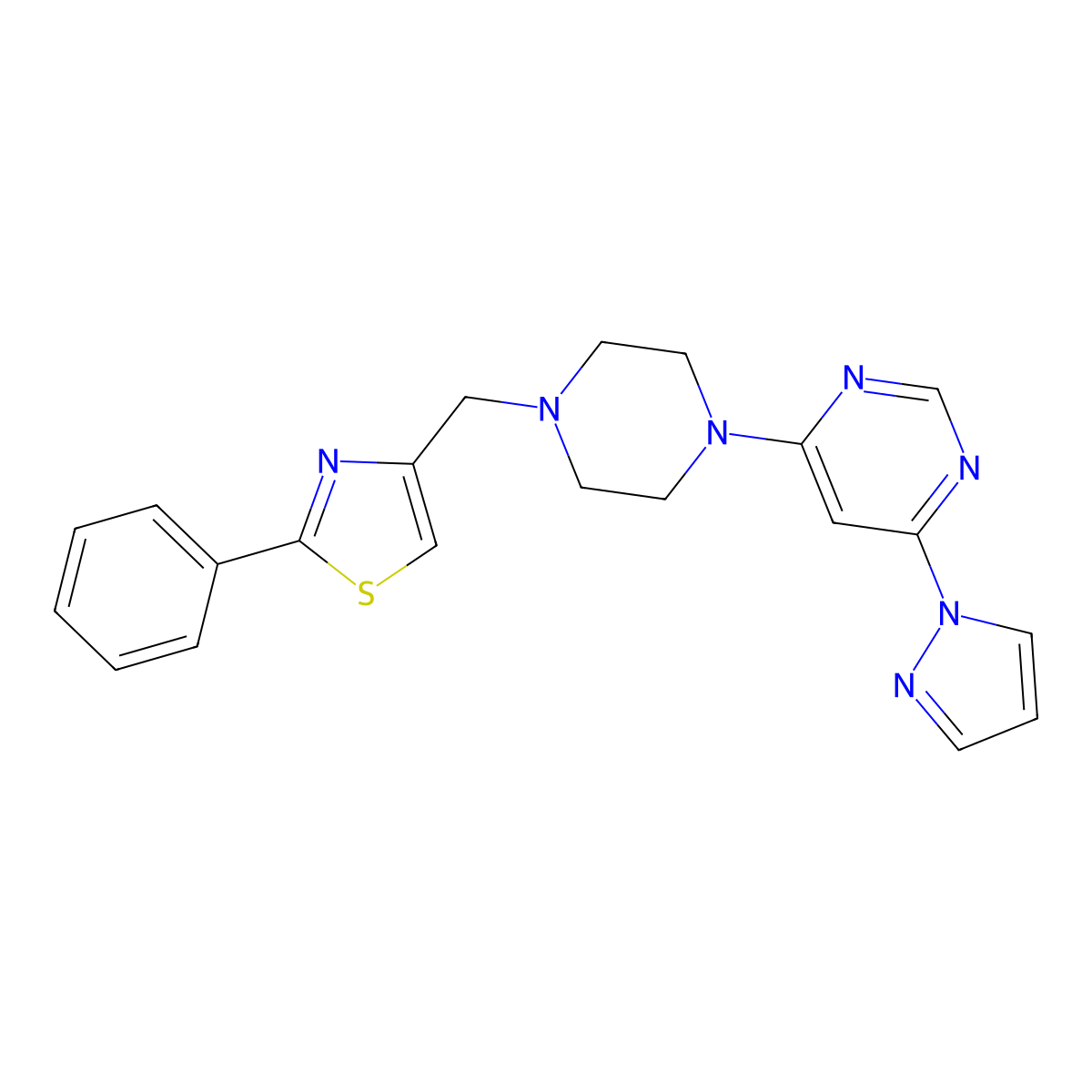 4-{4-[(2-phenyl-1,3-thiazol-4-yl)methyl]piperazin-1-yl}-6-(1H-pyrazol-1-yl)pyrimidine molecular structure, CAS 2742068-38-6