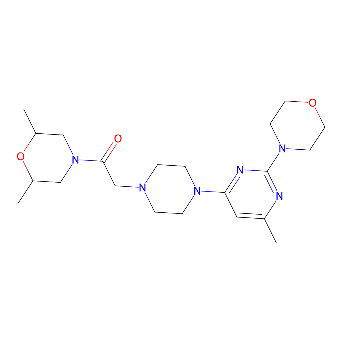 1-(2,6-Dimethylmorpholin-4-yl)-2-{4-[6-methyl-2-(morpholin-4-yl)pyrimidin-4-yl]piperazin-1-yl}ethan-1-one molecular structure, CAS 2742068-49-9