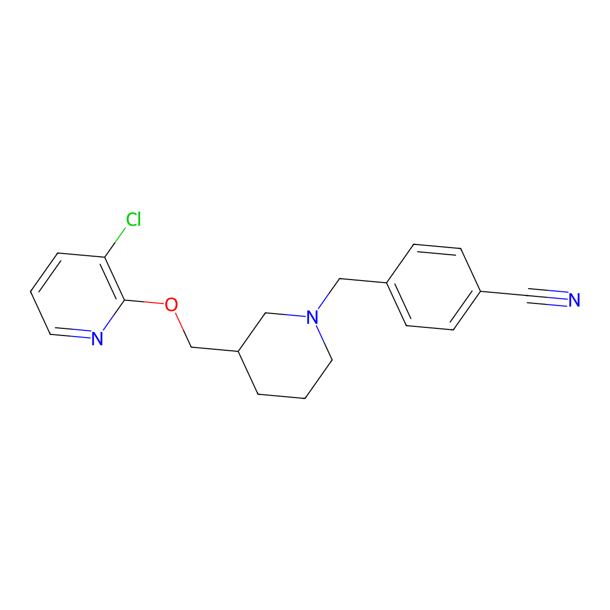 4-[(3-{[(3-Chloropyridin-2-yl)oxy]methyl}piperidin-1-yl)methyl]benzonitrile molecular structure, CAS 2742068-53-5