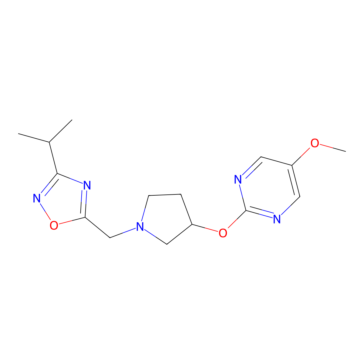 5-Methoxy-2-[(1-{[3-(propan-2-yl)-1,2,4-oxadiazol-5-yl]methyl}pyrrolidin-3-yl)oxy]pyrimidine molecular structure, CAS 2742068-70-6