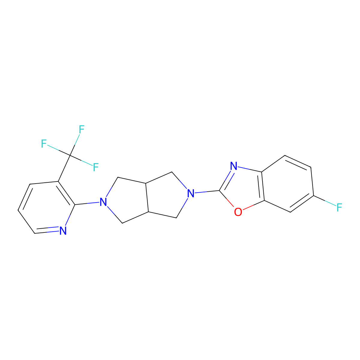 6-Fluoro-2-{5-[3-(trifluoromethyl)pyridin-2-yl]-octahydropyrrolo[3,4-c]pyrrol-2-yl}-1,3-benzoxazole molecular structure, CAS 2742068-81-9