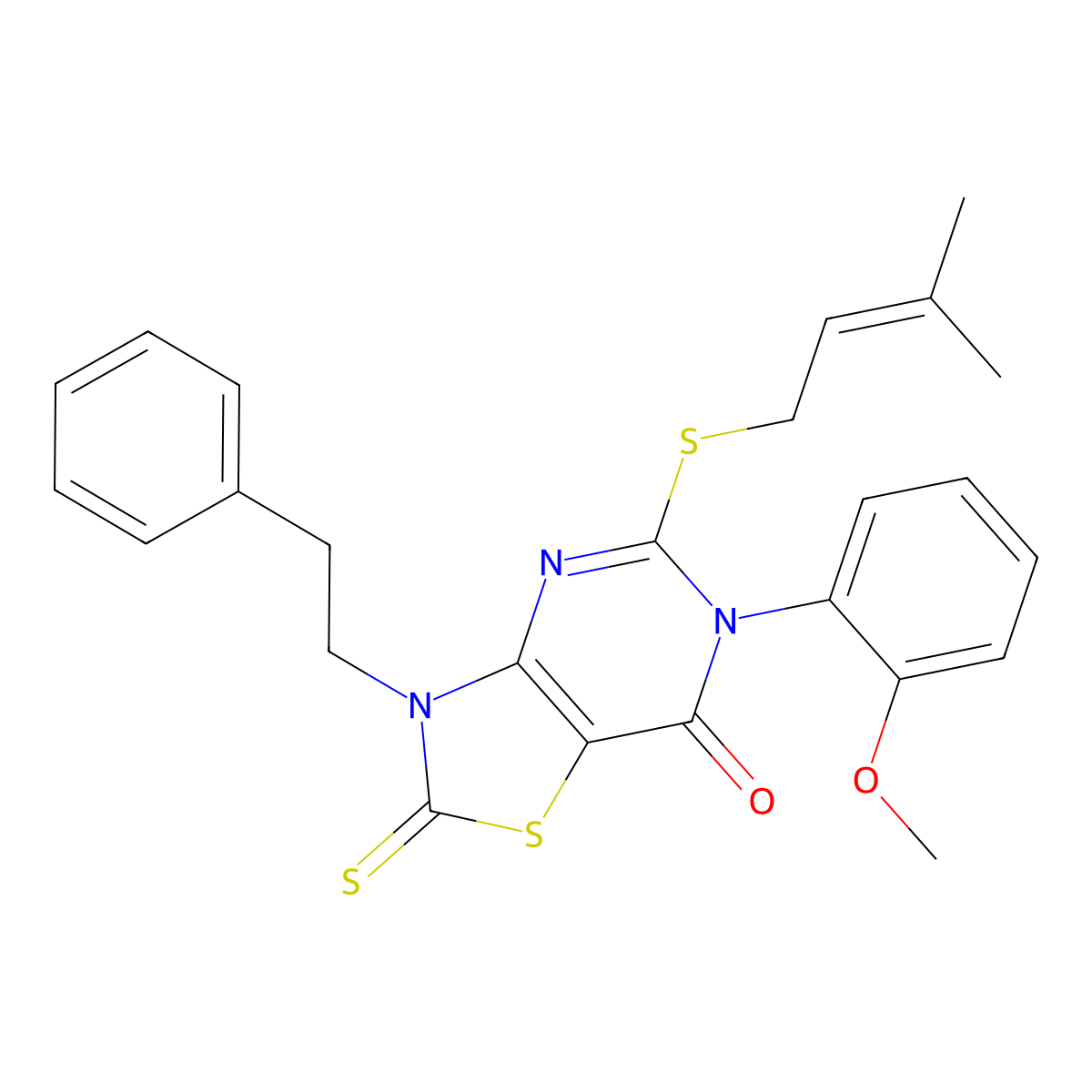 6-(2-methoxyphenyl)-5-[(3-methylbut-2-en-1-yl)sulfanyl]-3-(2-phenylethyl)-2-sulfanylidene-2H,3H,6H,7H-[1,3]thiazolo[4,5-d]pyrimidin-7-one molecular structure, CAS 2742068-95-5