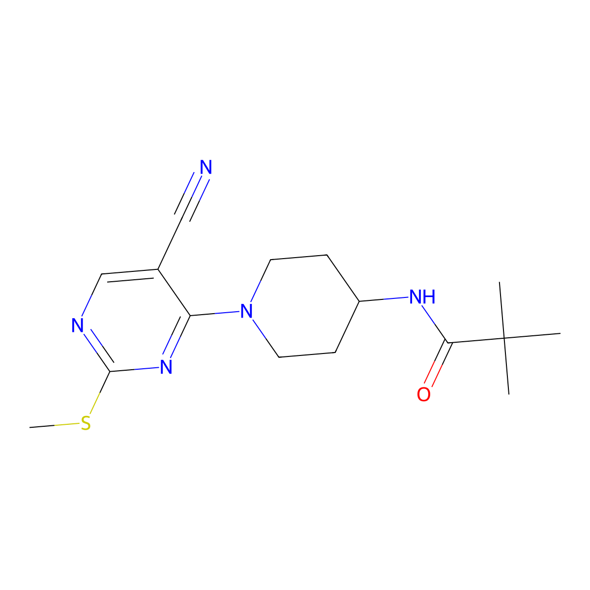 N-{1-[5-cyano-2-(methylsulfanyl)pyrimidin-4-yl]piperidin-4-yl}-2,2-dimethylpropanamide molecular structure, CAS 2742068-98-8