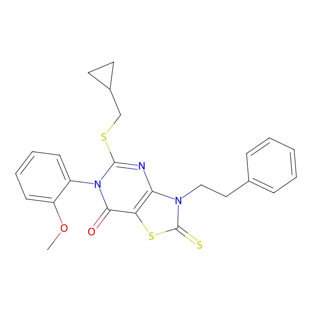 5-[(cyclopropylmethyl)sulfanyl]-6-(2-methoxyphenyl)-3-(2-phenylethyl)-2-sulfanylidene-2H,3H,6H,7H-[1,3]thiazolo[4,5-d]pyrimidin-7-one molecular structure, CAS 2742069-00-5