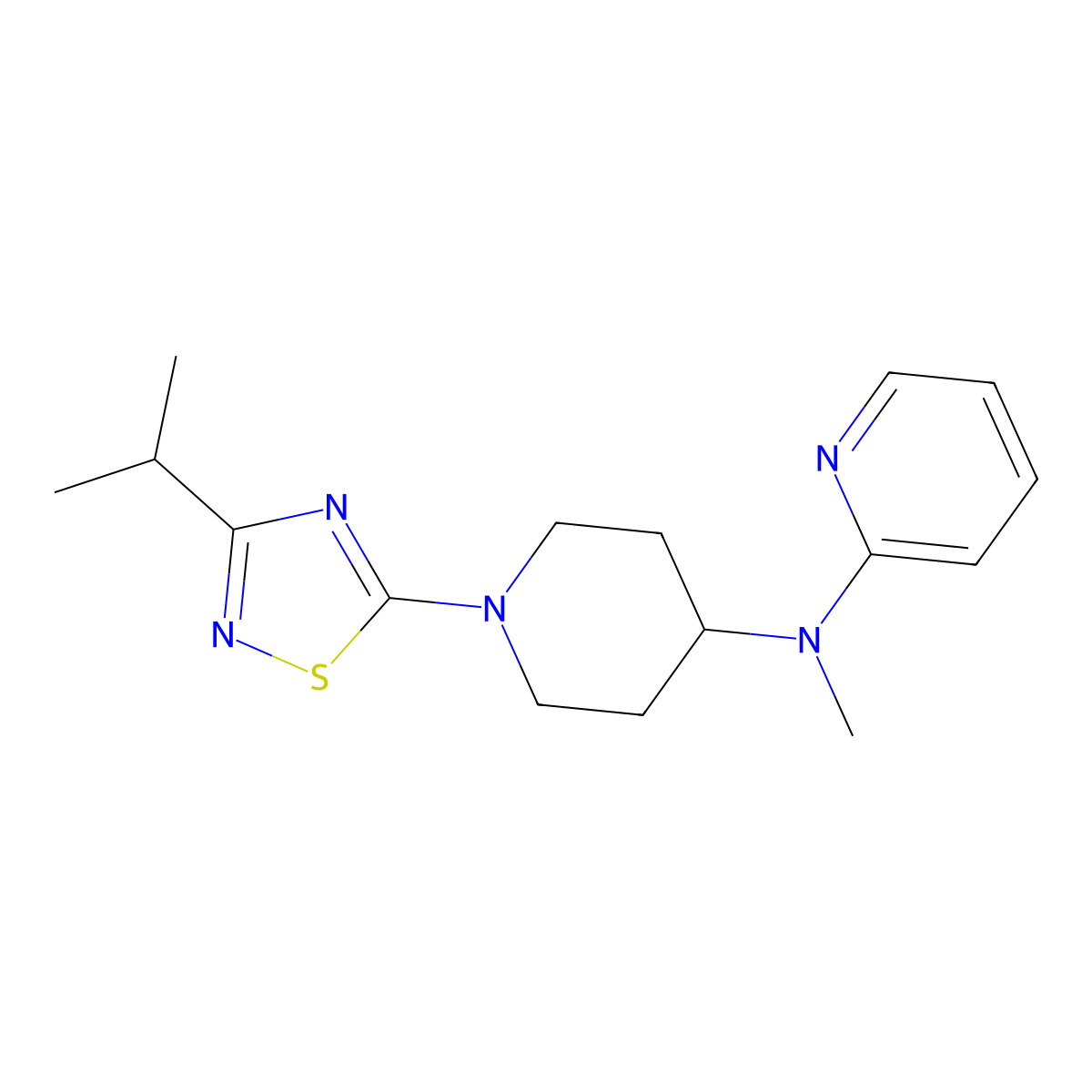 N-methyl-N-{1-[3-(propan-2-yl)-1,2,4-thiadiazol-5-yl]piperidin-4-yl}pyridin-2-amine molecular structure, CAS 2742069-07-2