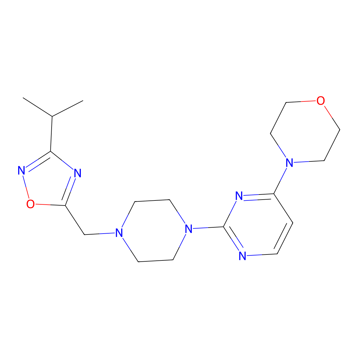 4-[2-(4-{[3-(Propan-2-yl)-1,2,4-oxadiazol-5-yl]methyl}piperazin-1-yl)pyrimidin-4-yl]morpholine molecular structure, CAS 2742069-11-8