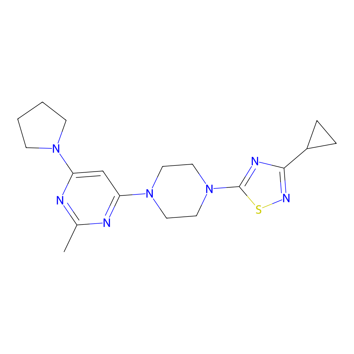 4-[4-(3-Cyclopropyl-1,2,4-thiadiazol-5-yl)piperazin-1-yl]-2-methyl-6-(pyrrolidin-1-yl)pyrimidine molecular structure, CAS 2742069-25-4