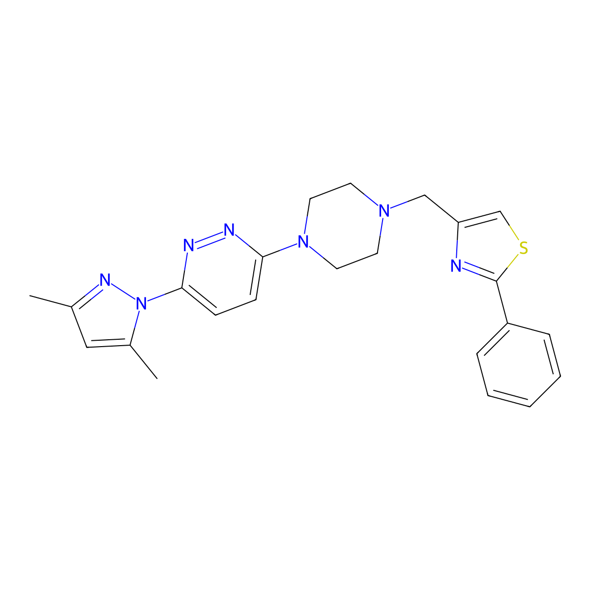 3-(3,5-dimethyl-1H-pyrazol-1-yl)-6-{4-[(2-phenyl-1,3-thiazol-4-yl)methyl]piperazin-1-yl}pyridazine molecular structure, CAS 2742069-28-7