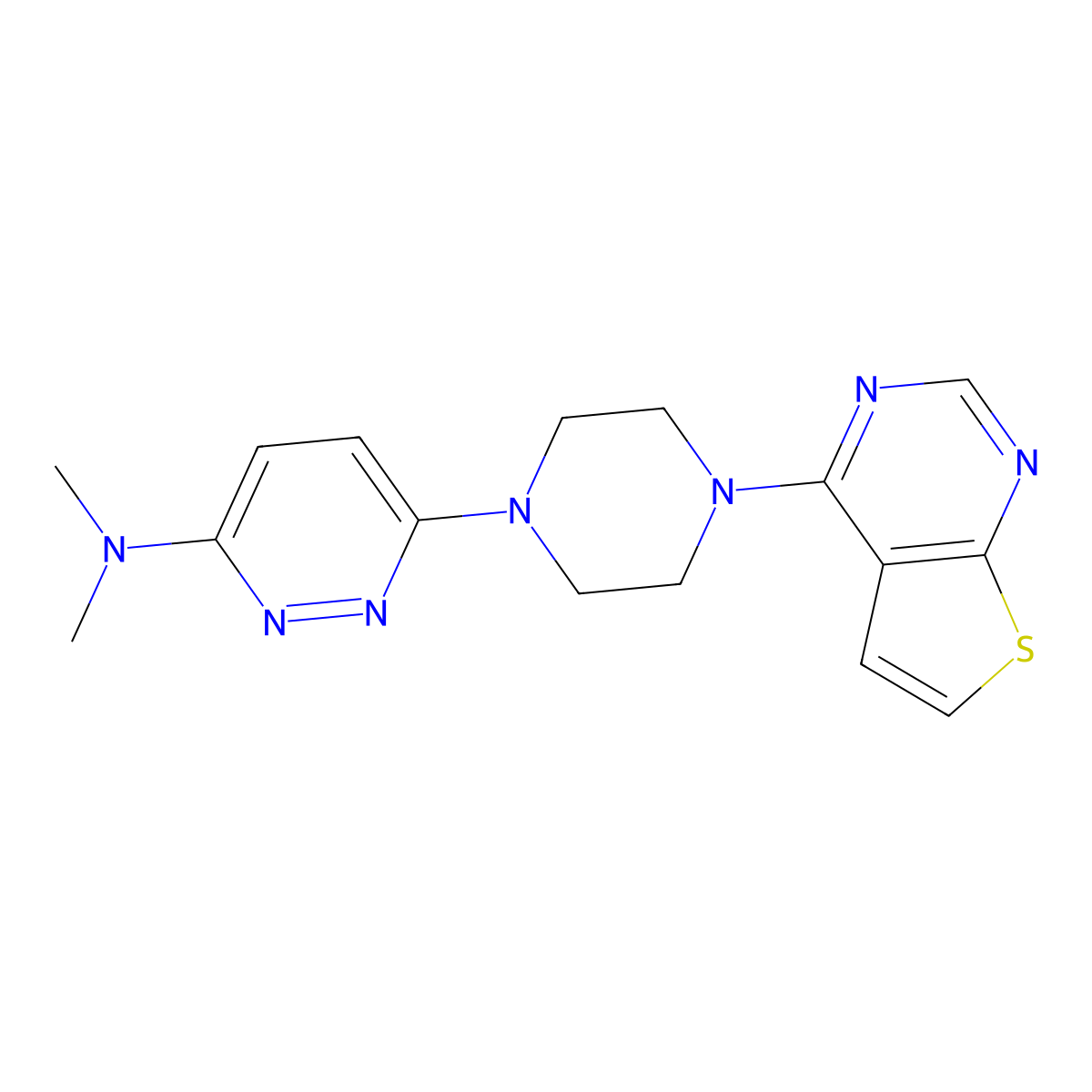 N,N-dimethyl-6-(4-{thieno[2,3-d]pyrimidin-4-yl}piperazin-1-yl)pyridazin-3-amine molecular structure, CAS 2742069-32-3