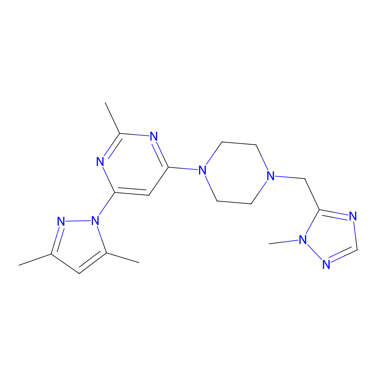 4-(3,5-dimethyl-1H-pyrazol-1-yl)-2-methyl-6-{4-[(1-methyl-1H-1,2,4-triazol-5-yl)methyl]piperazin-1-yl}pyrimidine molecular structure, CAS 2742069-33-4