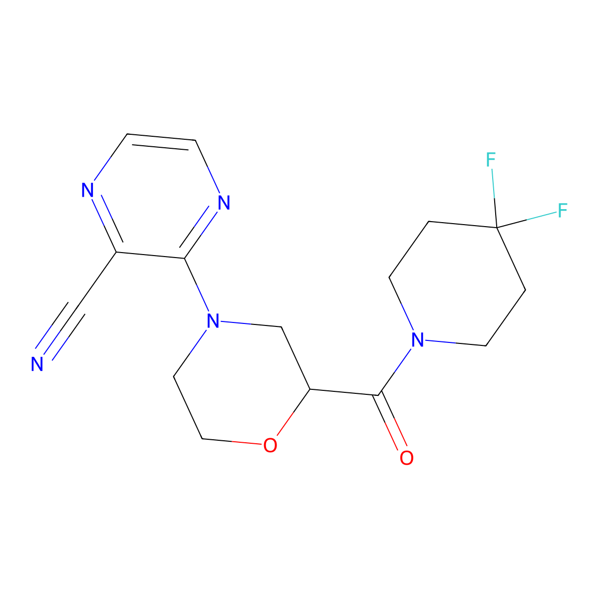 3-[2-(4,4-Difluoropiperidine-1-carbonyl)morpholin-4-yl]pyrazine-2-carbonitrile molecular structure, CAS 2742069-36-7