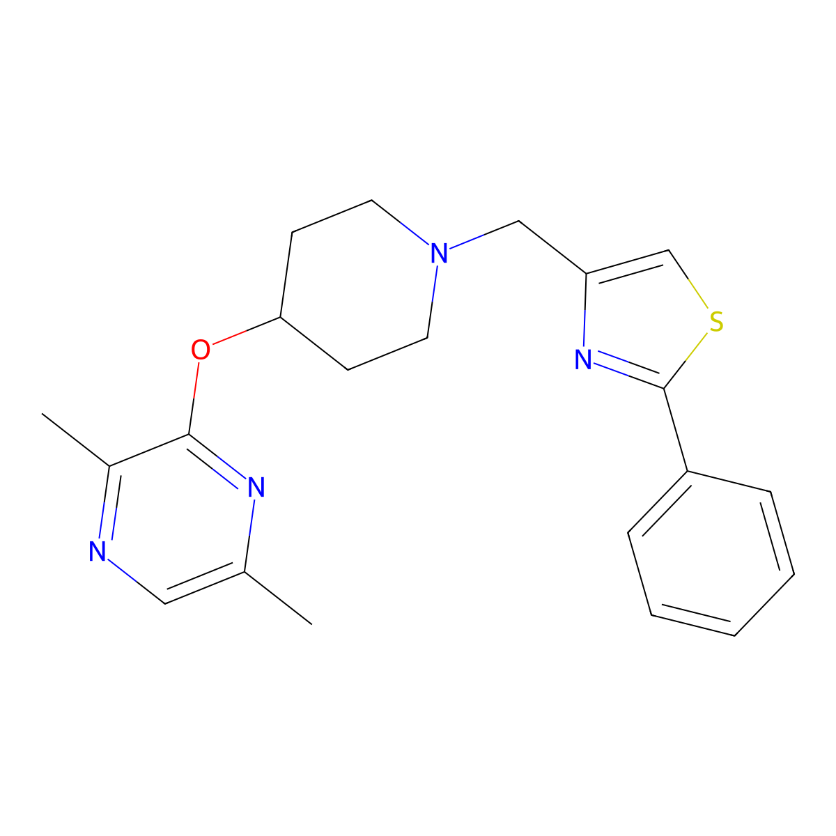 2,5-Dimethyl-3-({1-[(2-phenyl-1,3-thiazol-4-yl)methyl]piperidin-4-yl}oxy)pyrazine molecular structure, CAS 2742069-42-5