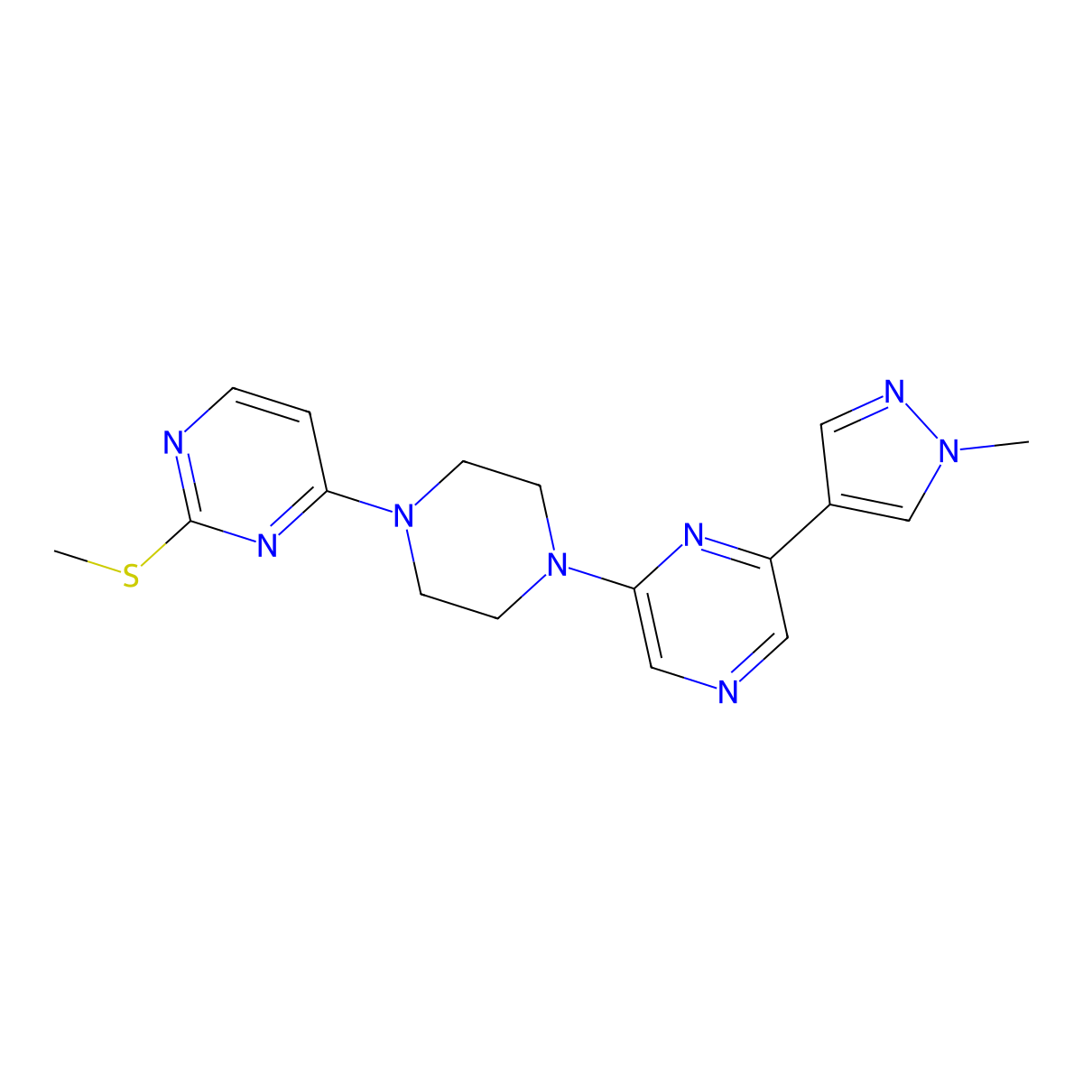 2-(1-methyl-1H-pyrazol-4-yl)-6-{4-[2-(methylsulfanyl)pyrimidin-4-yl]piperazin-1-yl}pyrazine molecular structure, CAS 2742069-43-6