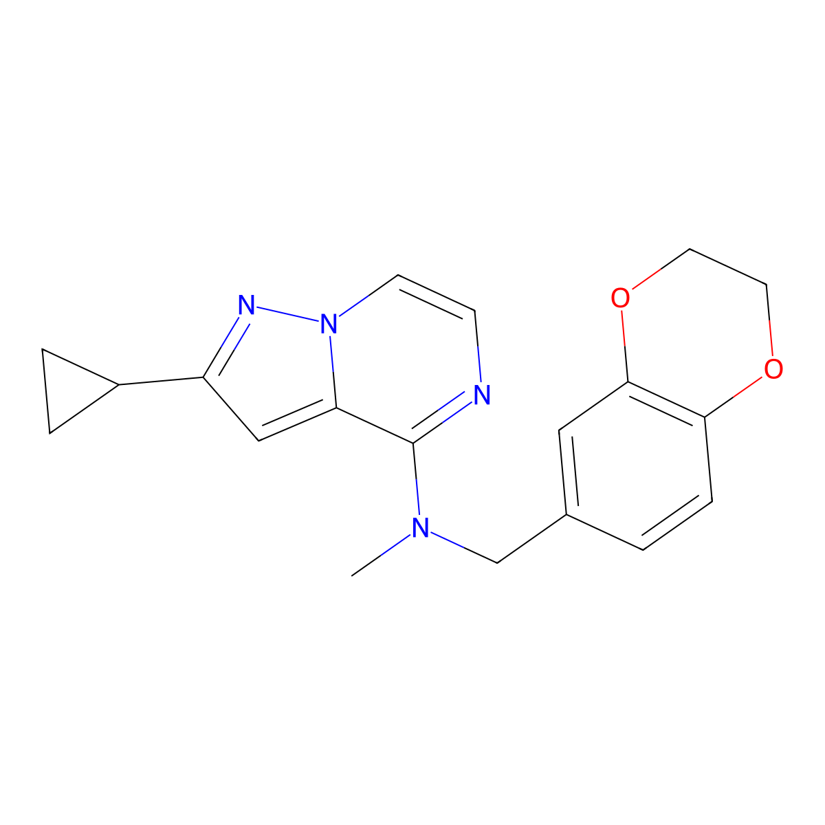 2-cyclopropyl-N-[(2,3-dihydro-1,4-benzodioxin-6-yl)methyl]-N-methylpyrazolo[1,5-a]pyrazin-4-amine molecular structure, CAS 2742069-46-9
