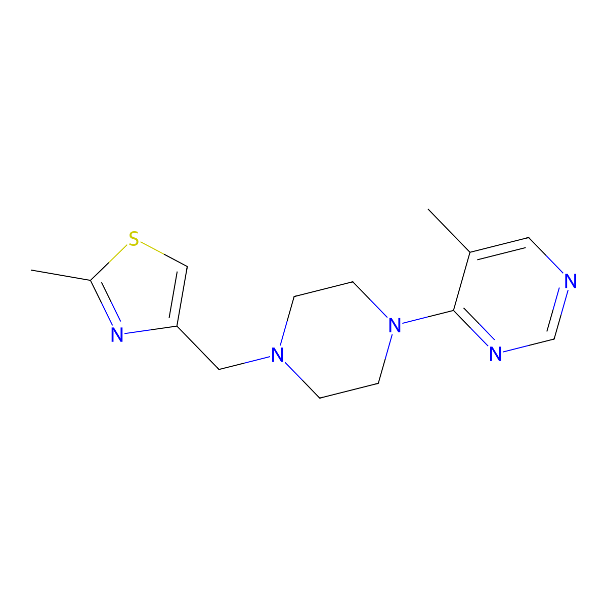 5-Methyl-4-{4-[(2-methyl-1,3-thiazol-4-yl)methyl]piperazin-1-yl}pyrimidine molecular structure, CAS 2742069-54-9