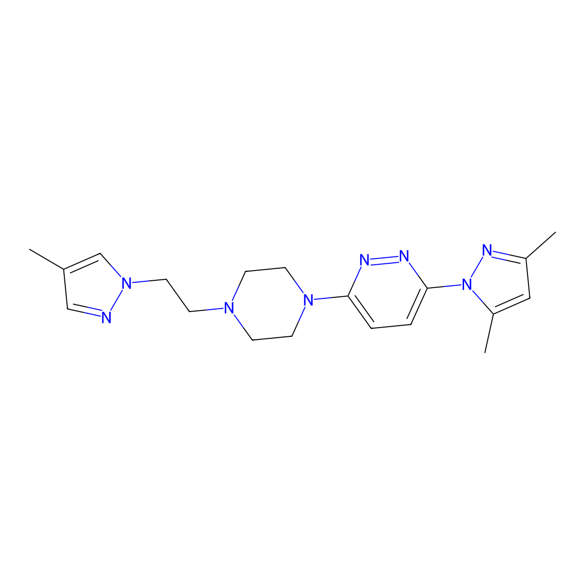 3-(3,5-dimethyl-1H-pyrazol-1-yl)-6-{4-[2-(4-methyl-1H-pyrazol-1-yl)ethyl]piperazin-1-yl}pyridazine molecular structure, CAS 2742069-61-8