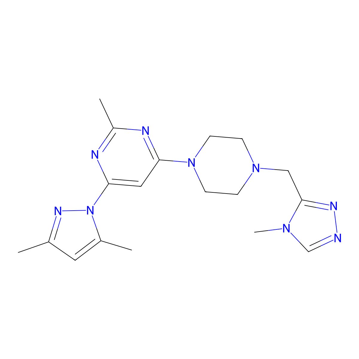 4-(3,5-dimethyl-1H-pyrazol-1-yl)-2-methyl-6-{4-[(4-methyl-4H-1,2,4-triazol-3-yl)methyl]piperazin-1-yl}pyrimidine molecular structure, CAS 2742069-64-1