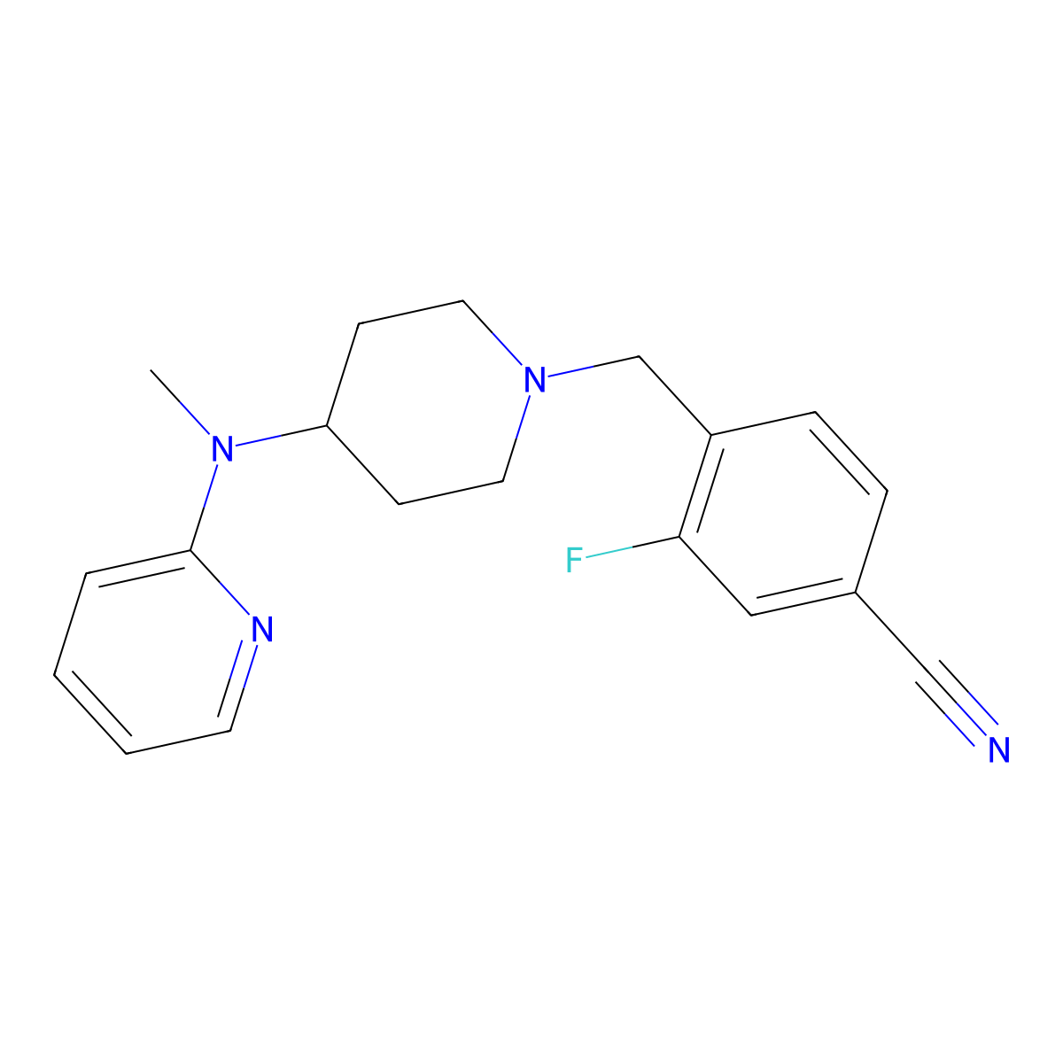 3-Fluoro-4-({4-[methyl(pyridin-2-yl)amino]piperidin-1-yl}methyl)benzonitrile molecular structure, CAS 2742069-66-3