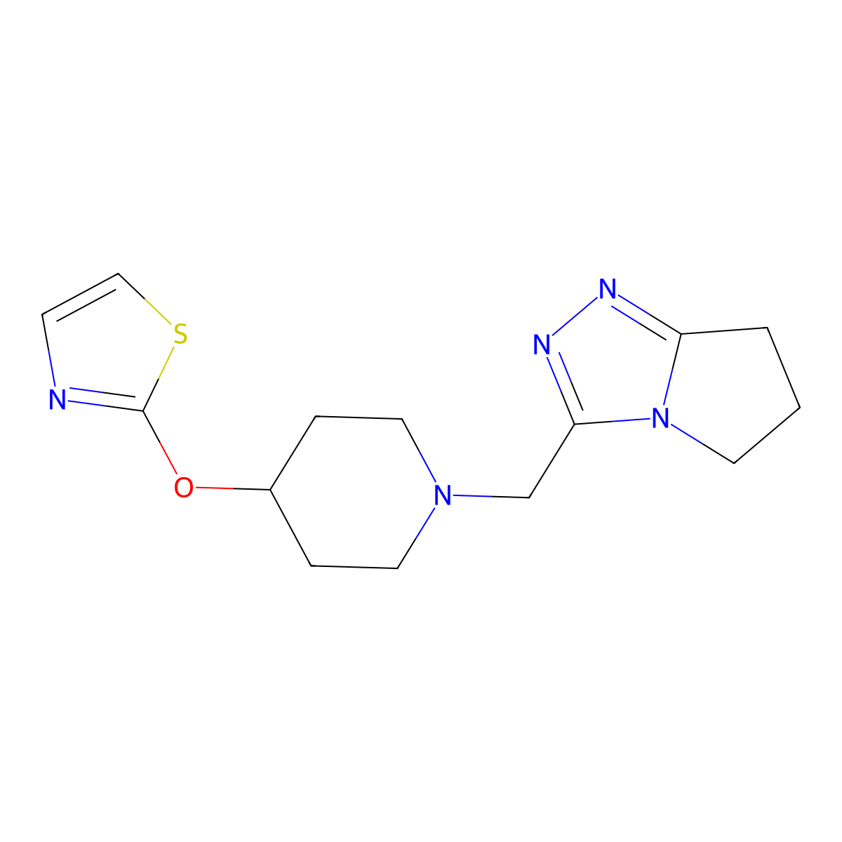 1-({5H,6H,7H-pyrrolo[2,1-c][1,2,4]triazol-3-yl}methyl)-4-(1,3-thiazol-2-yloxy)piperidine molecular structure, CAS 2742069-69-6