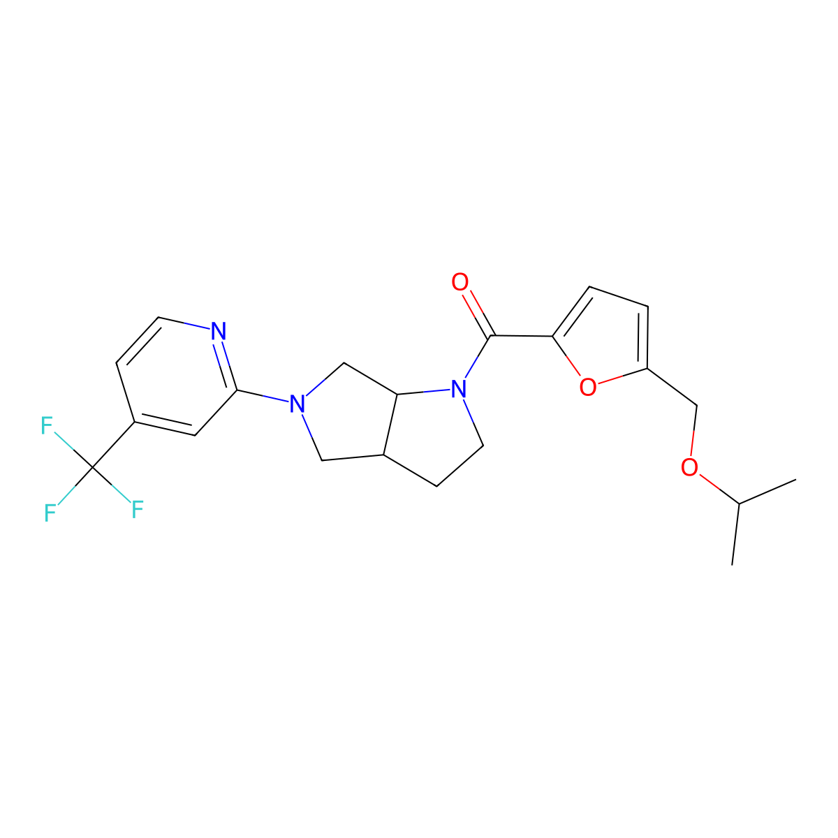 2-(1-{5-[(Propan-2-yloxy)methyl]furan-2-carbonyl}-octahydropyrrolo[3,4-b]pyrrol-5-yl)-4-(trifluoromethyl)pyridine molecular structure, CAS 2742069-74-3