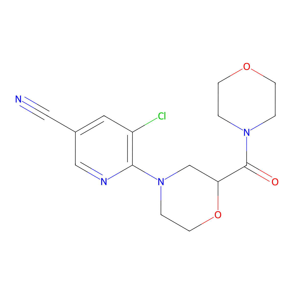 5-Chloro-6-[2-(morpholine-4-carbonyl)morpholin-4-yl]pyridine-3-carbonitrile molecular structure, CAS 2742069-79-8