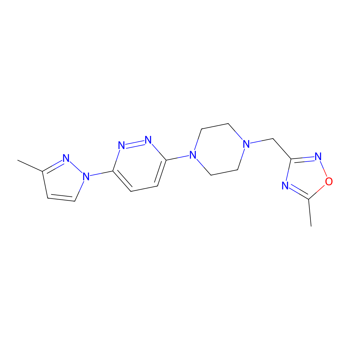 3-{4-[(5-methyl-1,2,4-oxadiazol-3-yl)methyl]piperazin-1-yl}-6-(3-methyl-1H-pyrazol-1-yl)pyridazine molecular structure, CAS 2742069-82-3